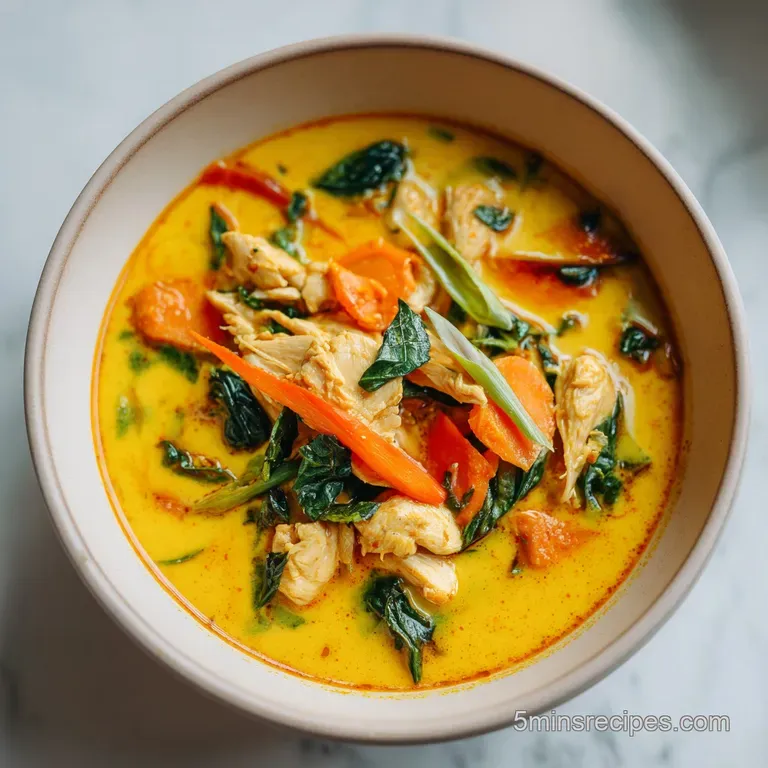 A rustic ceramic bowl filled with bright turmeric chicken soup, topped with fresh parsley and a drizzle of olive oil.