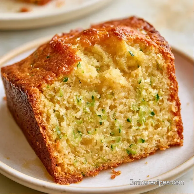 A slice of tender golden cake with green zucchini specks on a white ceramic plate with a side of fresh berries.