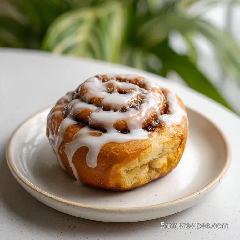 Delicate cinnamon roll topped with glistening white icing and a sprinkle of brown sugar, artfully plated.