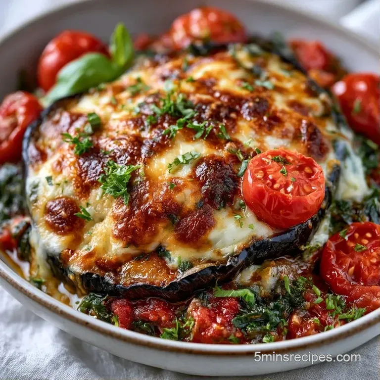 A neat square slice of layered pasta and eggplant topped with melted mozzarella and a sprig of fresh green basil.