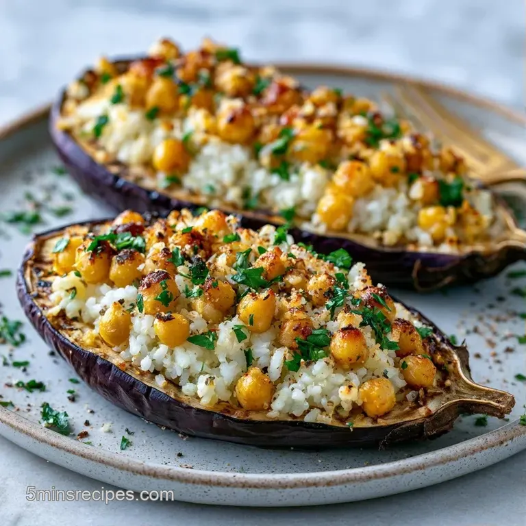 A roasted purple eggplant half filled with fluffy white rice on a white ceramic plate with a drizzle of red sauce.