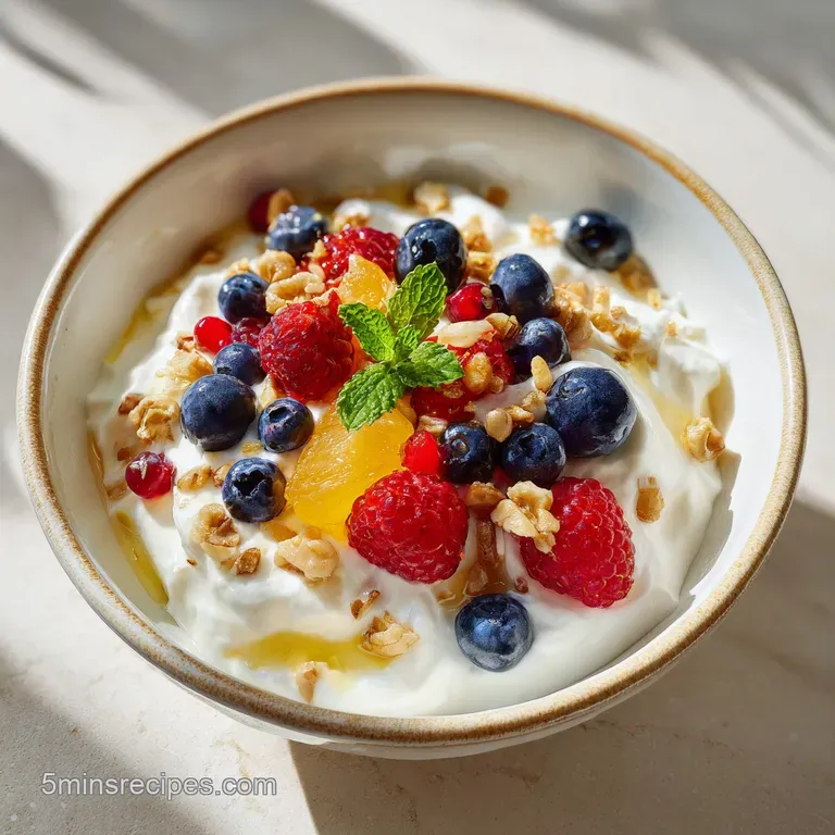 Creamy white yogurt delicately topped with a vibrant swirl of red raspberries and mint.