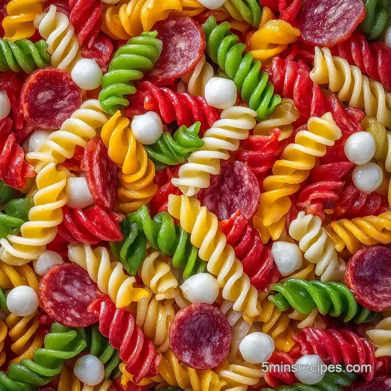 Bright tri-color pasta and sliced pepperoni in a white ceramic bowl, garnished with fresh green parsley leaves.