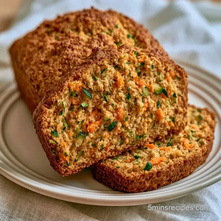 A thick slice of moist vegetable bread topped with melting salted butter on a white ceramic plate with a linen napkin.