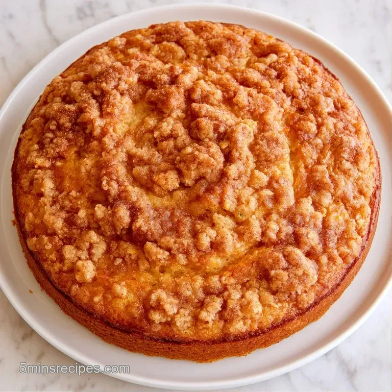A slice of moist, golden cake with a crumbly topping on a white ceramic plate beside a dollop of fresh cream.