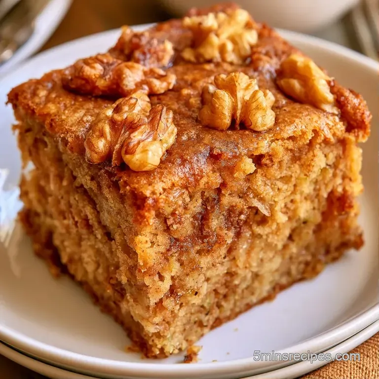 A slice of moist, golden-brown cake with visible green zucchini shreds, served on a rustic plate with a linen napkin.